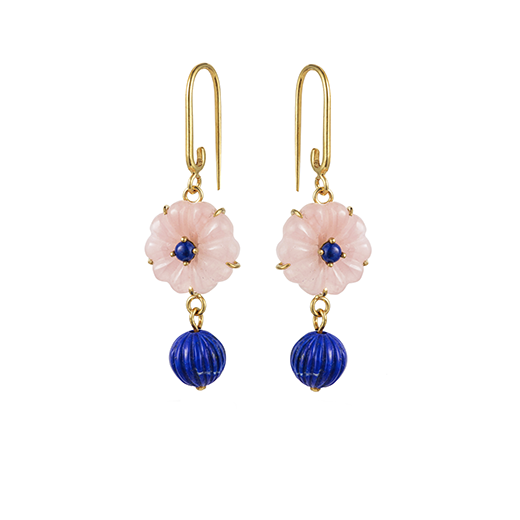 A pair of flower shaped earrings featuring gold hooks, pink petals and a blue round stones pendant each.